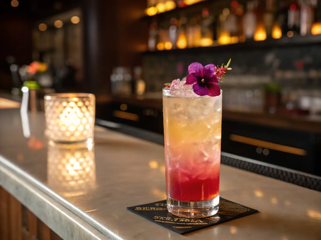 A high-resolution, AI-generated image of the "Yuzu Blossom" cocktail. The drink is presented in a tall glass, garnished with a yuzu peel and edible flowers, set against a dark, textured background to highlight its delicate and floral notes.